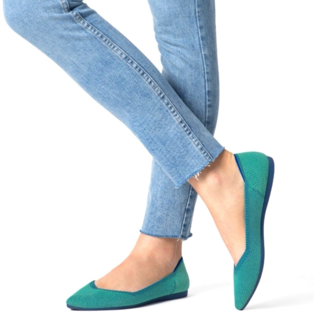 Rothy’s The Point Aquamarine Blue Green Washable Knit Retired Ballet‎ Flats